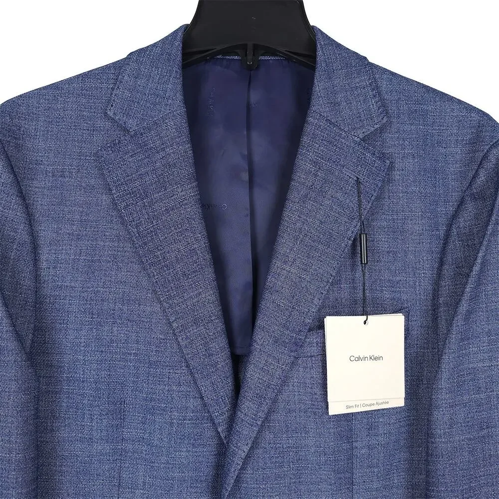 Calvin Klein Mens Slim Fit Sport Coat Blazer 38S Blue Solid Stretch NWT